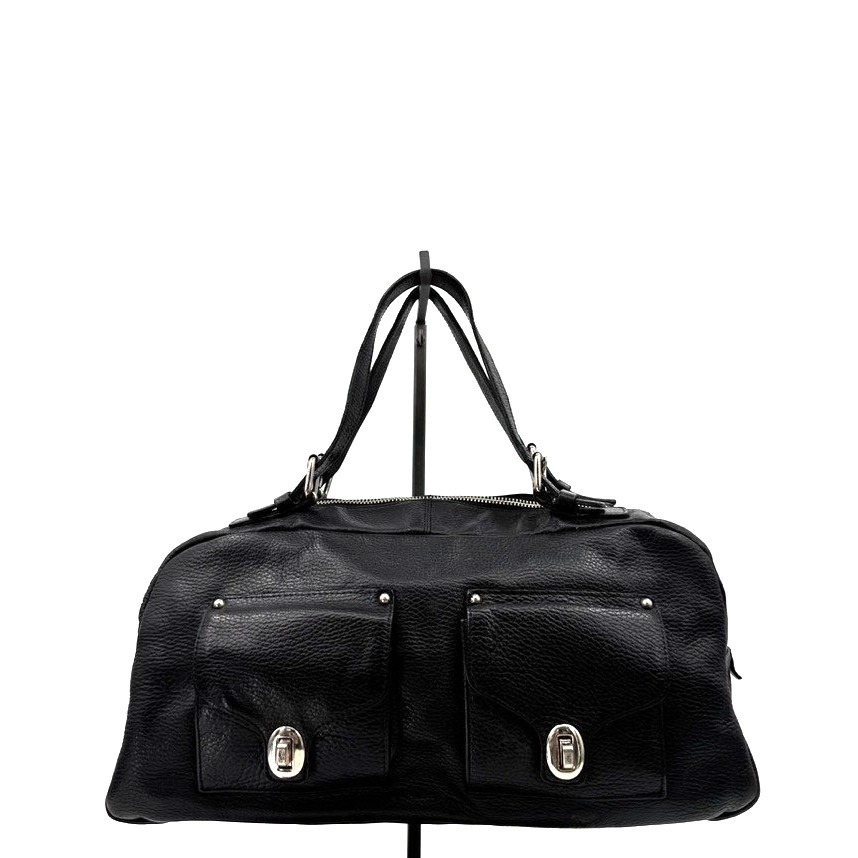 Banana Republic Black Leather Satchel Handbag Dual Pocket Zip Top Purse